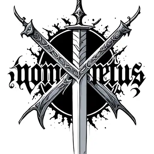Broken sword with “non metus” written between the break, gothic church font, fine line minimalist tattoo design idea