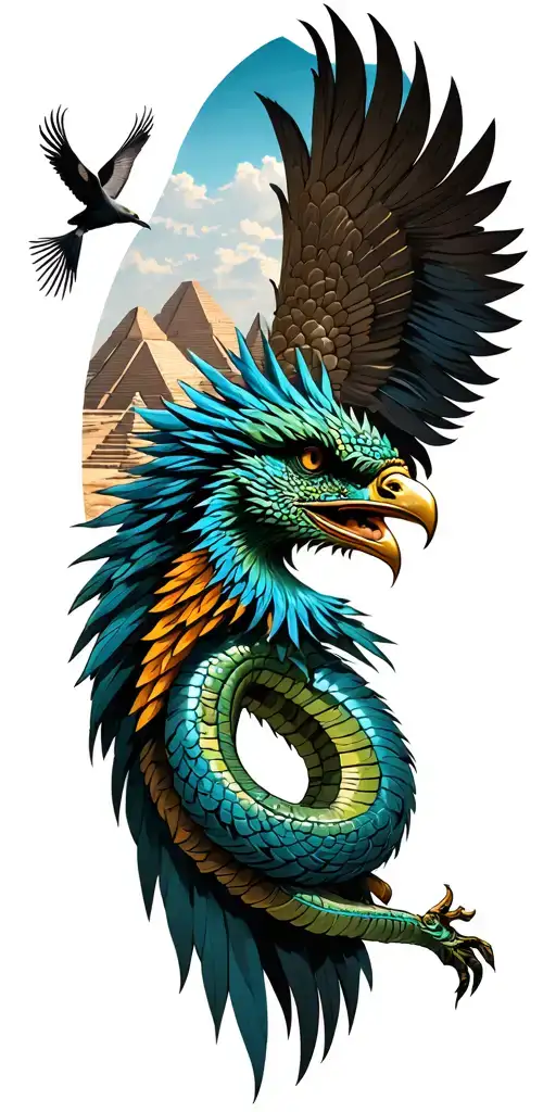feathered serpent god Quetzalcoatl in the background, Mayan pyramids, and a Mayan warrior. A quetzal bird flying. gothic tattoo design idea