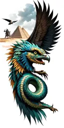 feathered serpent god Quetzalcoatl in the background, Mayan pyramids, and a Mayan warrior. A quetzal bird flying. gothic tattoo design idea