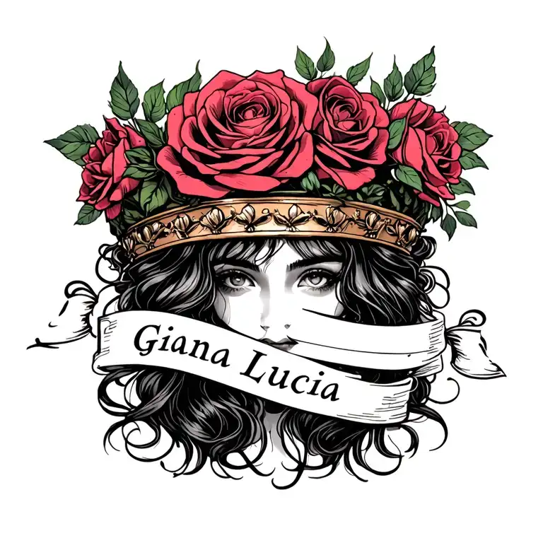 rose crown with name Gianna Lucia tattoo design idea