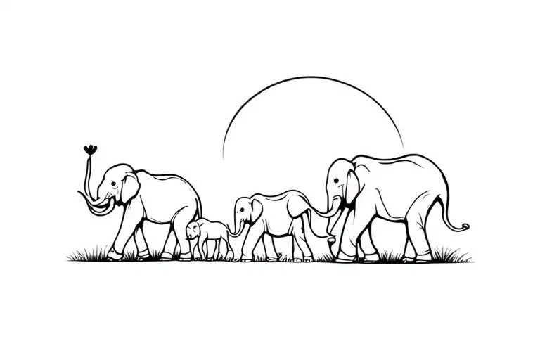 mom and dad and 4 children elephants walking tattoo design idea