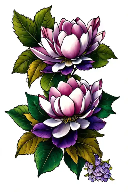 magnolia flower, hydrangeas and live oak tattoo design idea