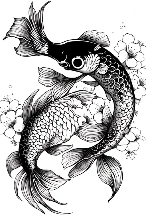 tori gate, koi fish, cherry blossom tattoo design idea