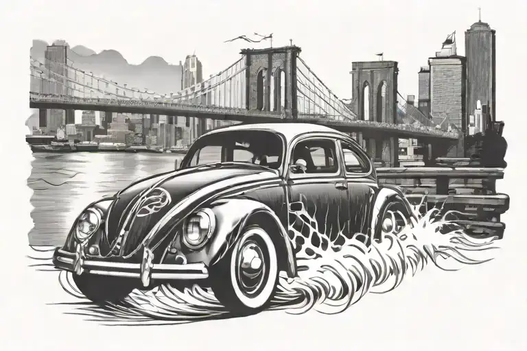 vw bug clounds brooklyn bridge lightning tattoo design idea