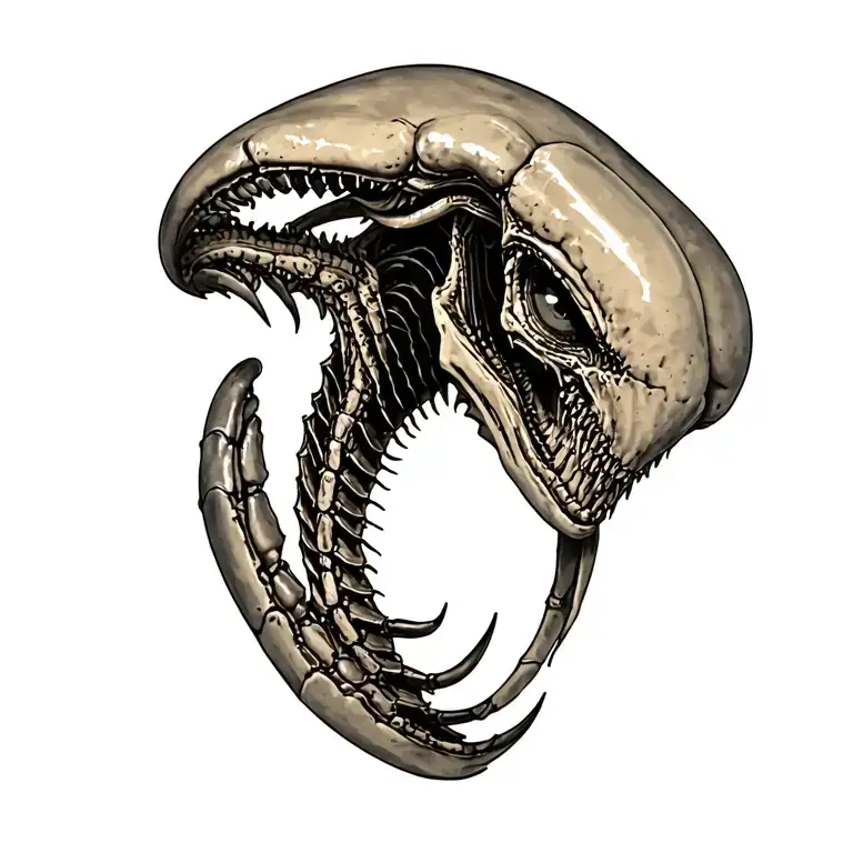xenomorph from the alien movie franchise head looking out from the shoulder with a cray of where the eyes would be tattoo design idea