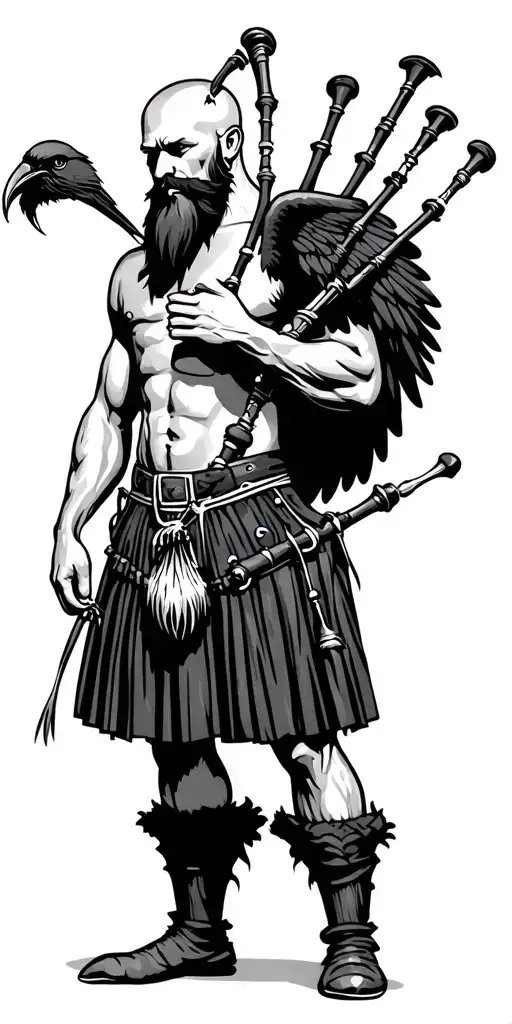 shirtless bagpiper with big black wings muscular playing the bagpipes bald with  black beard and a crow with claws  tattoo design idea