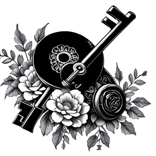 lock and key with flowers all around tattoo design idea