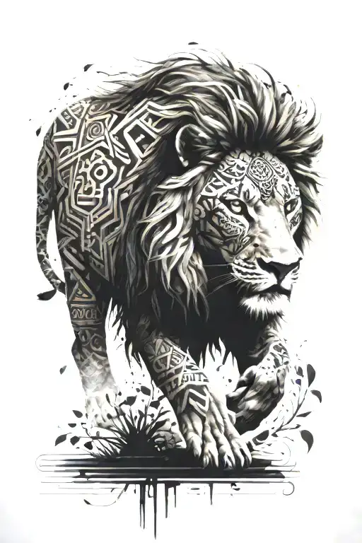 A lion with Aztec patterns prowling through a pixelated forest tattoo design idea