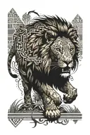 A lion with Aztec patterns prowling through a pixelated forest tattoo design idea
