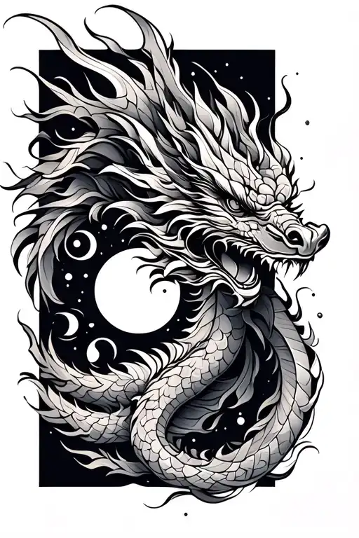 abstract Tibetan dragon narrow vertical tattoo with abstract lines and moon phases tattoo design idea