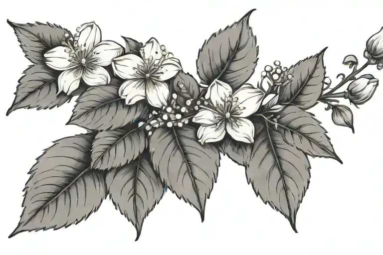 Apple blossoms, ivy leaves heather flower, camomile flower, strawberry leaves tattoo design idea