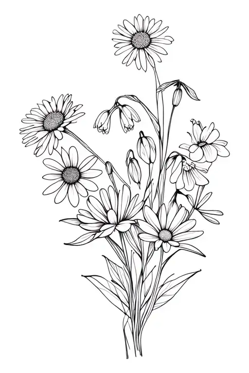 Fine line flower bouquet tattoo with an aster, snowdrop, cosmos, and carnation tattoo design idea