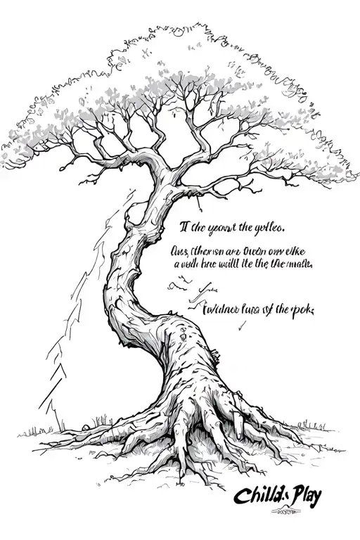 tree with lightning and some meaningful quote and chucky from Childs play tattoo design idea
