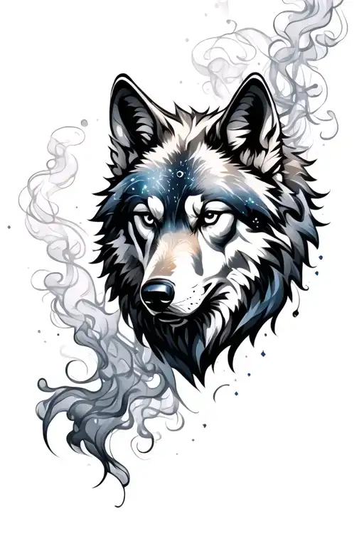star constellation intertwined with smoke wolf head tattoo design idea