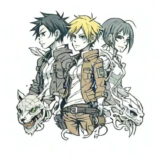 Gally from Gunnm with Eren from attack on titan and Jinx from Arcane in a unique piece of tattoo tattoo design idea