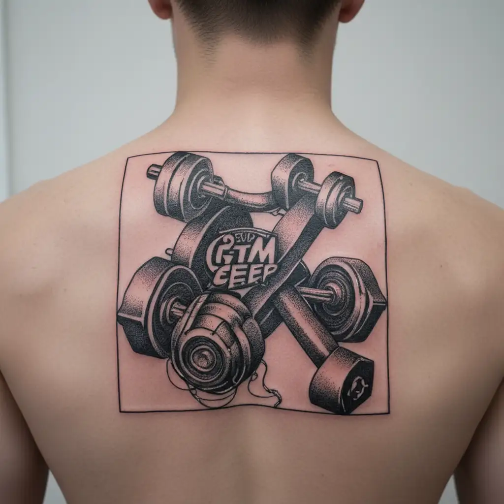 gym equipment with word "gym, eat, sleep, repeat" tattoo design idea