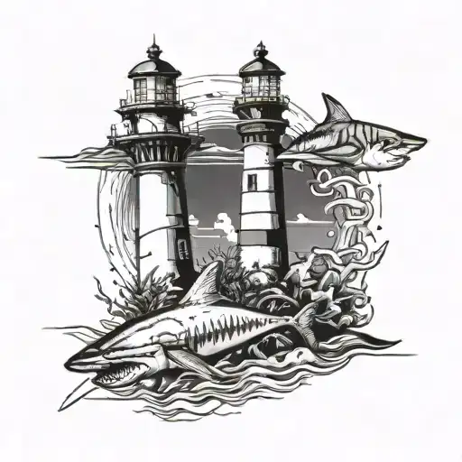 lighthouse next to shark tooth next to mermaid tattoo design idea