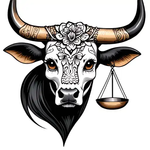 feminine bull with sugar skull markings, brown eyes and two Libra scales and dark background tattoo design idea