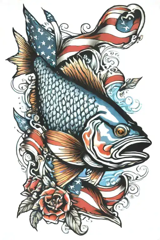 full tattoo arm sleeve American flag background, incorporate smaller fish American red snapper, sea trout, red fish, fis tattoo design idea