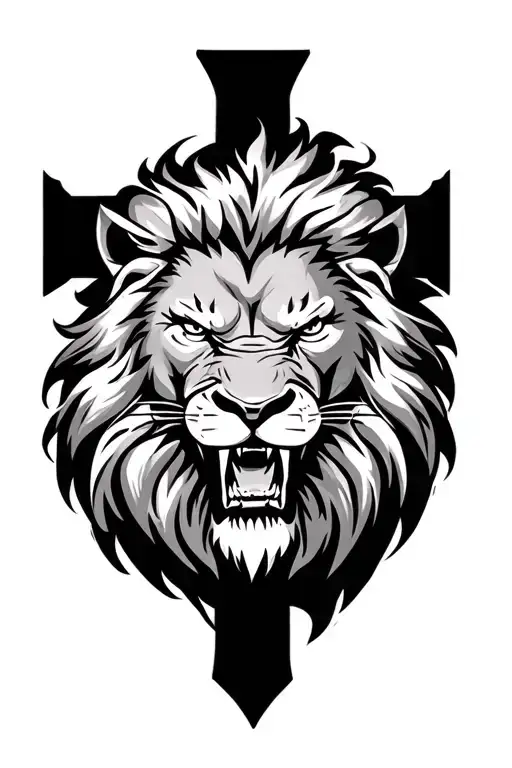 cross with a angry lions face inside it  tattoo design idea