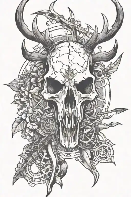 deer skull , bow and arrow , diesel mechanice tattoo design idea