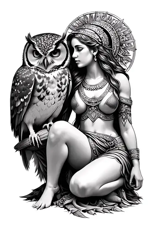Athena and Owl sitting tattoo design idea