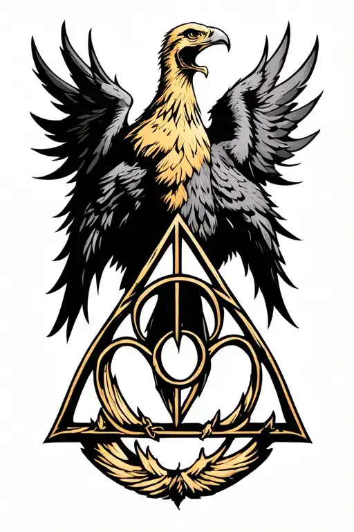 deathly hallows symbol with golden eagle behind tattoo design idea