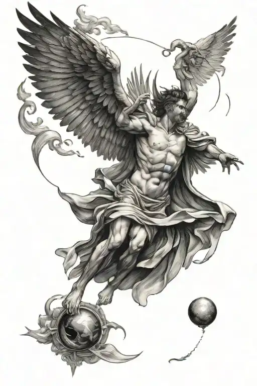 Icarus falling from the sky with lucifer angry eye above tattoo design idea