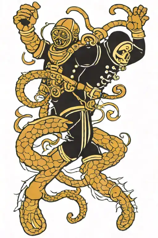 old fashioned deep sea diver vs kraken fighting tattoo design idea