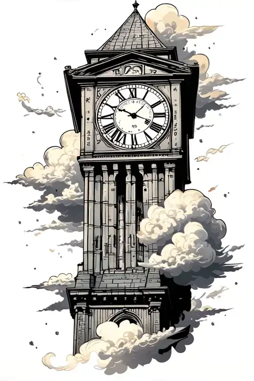 clock tower surrounded by clouds floating with roman numerals and coordinates next to it tattoo design idea