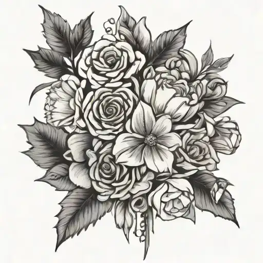 fine line tattoo black and white flower bouquet with holly, narcissus, Rose, carnation, snowdrop, daisy, sweet pea, poop tattoo design idea