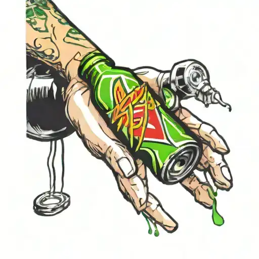 2 hands, 1 hand holding a mountain dew bottle  tattoo design idea