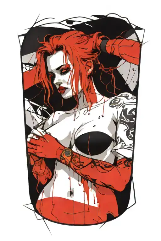 Sexy Pale Girl,petite, big boobs, wide hips, G-String. Messy hair, full nude , sexual. Seductive smile. Full Body tattoo design idea