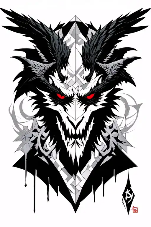 Japanese demon, line geometric design, hate crows, Lucifer's tear, Berserk brand, Nordic typography tattoo design idea