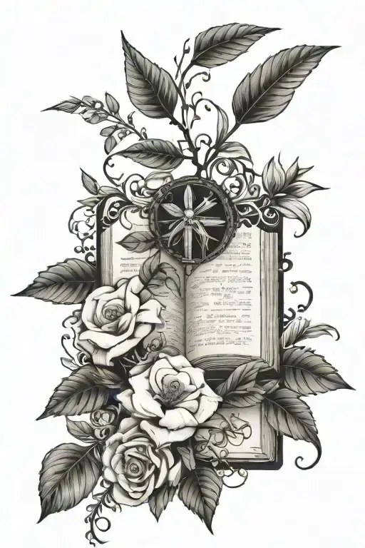 A tattoo design combining elements of the Holy Bible and flowers/greenery tattoo design idea