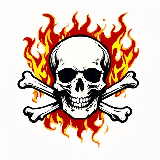 skull and crossbones with flames behind tattoo design idea