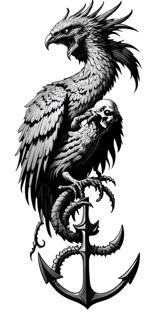 undead phoenix breaks anchor held by lovecraft sea demon tattoo design idea