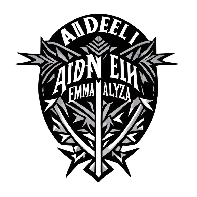 "Aiden Eli Emma Alyza" tribal arrows with names in the shaft tattoo design idea