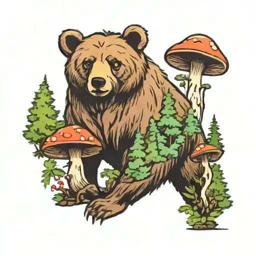2 small 2 big bear in the forest with mushrooms growing tattoo design idea