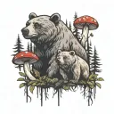2 small 2 big bear in the forest with mushrooms growing tattoo design idea