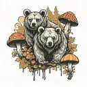 2 small 2 big bear in the forest with mushrooms growing tattoo design idea