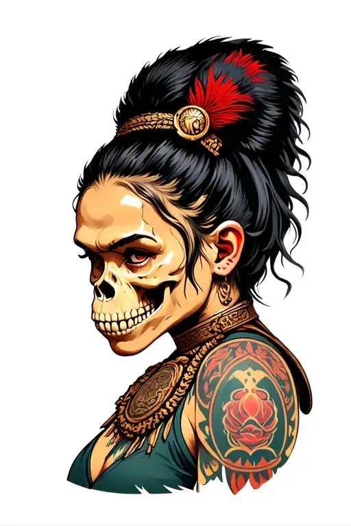 a warrior woman seen in 3/4 view who wears a gorilla skull as a necklace tattoo design idea