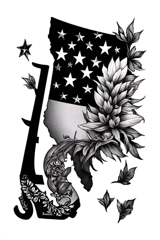 full sleeve incorporating symbols from the U.S. states Alabama, Texas, Maine, and California. tattoo design idea