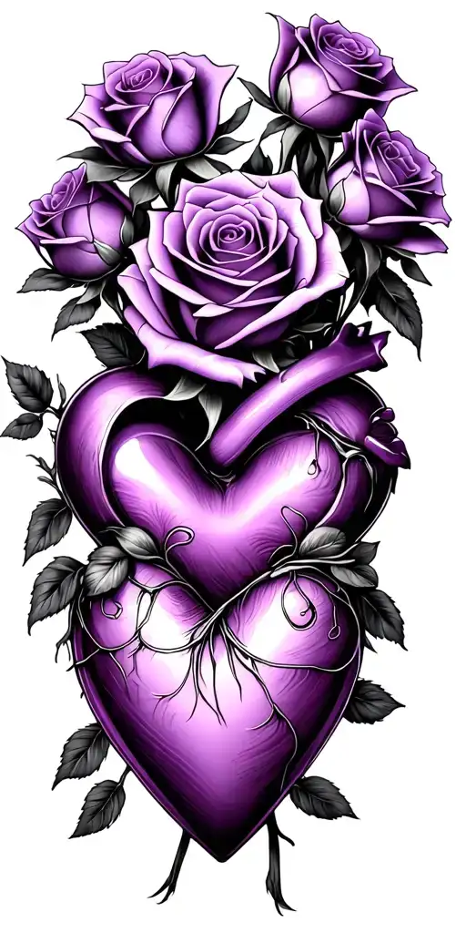 30 Purple Roses wrapped tightly holding onto a heart tattoo design idea