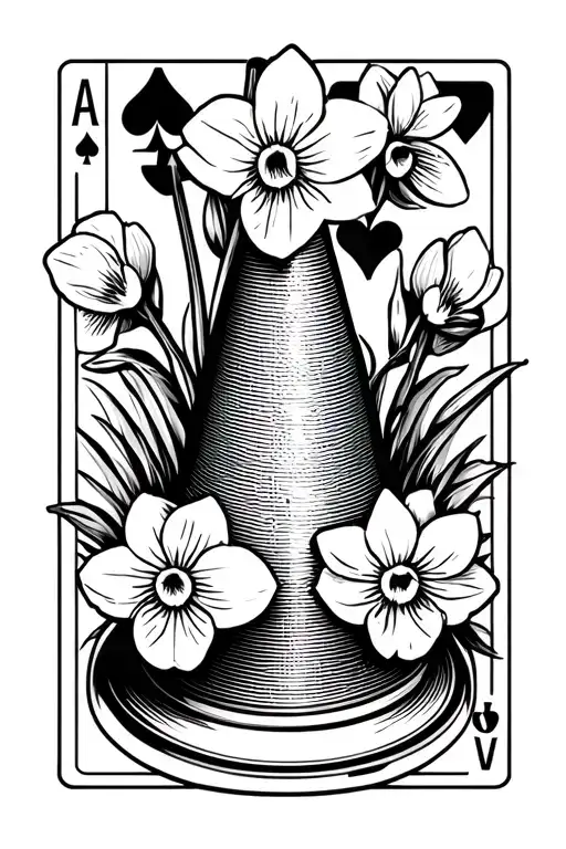 traffic cone with narcissus flowers and playing cards tattoo design idea