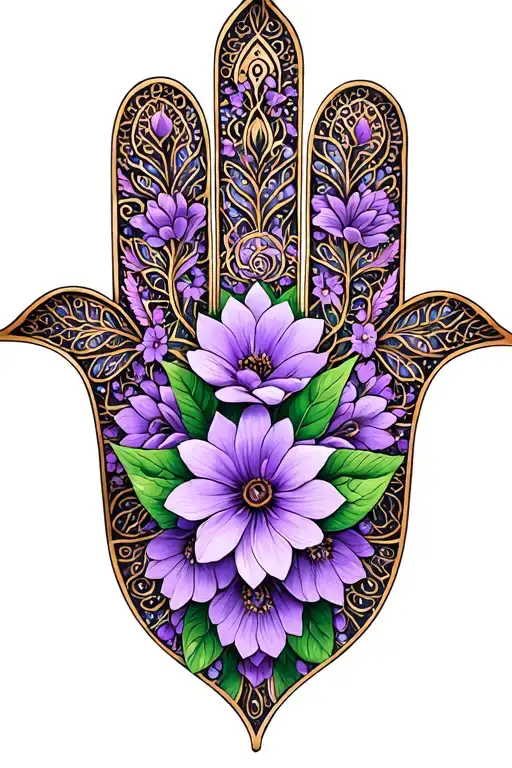 "Everything is as it should be " mandala hamsa lilac flowers intertwined tattoo design idea
