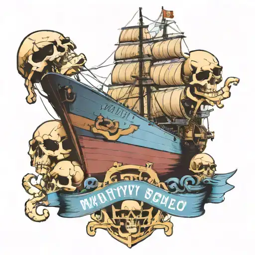 container ship with stacks of containers with only one skull below next to an anchor and text below that says MUTINY tattoo design idea