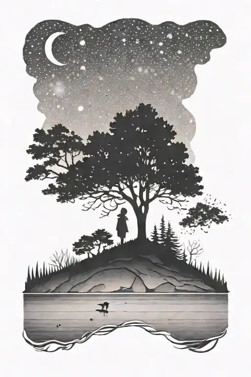 small little girl silhouette in front of lake with trees and night sky milky way  tattoo design idea
