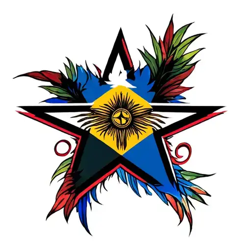 star shape with the Dominican flag in it on my left shoulder with Dominican Taino drawing making the boarder of he star tattoo design idea