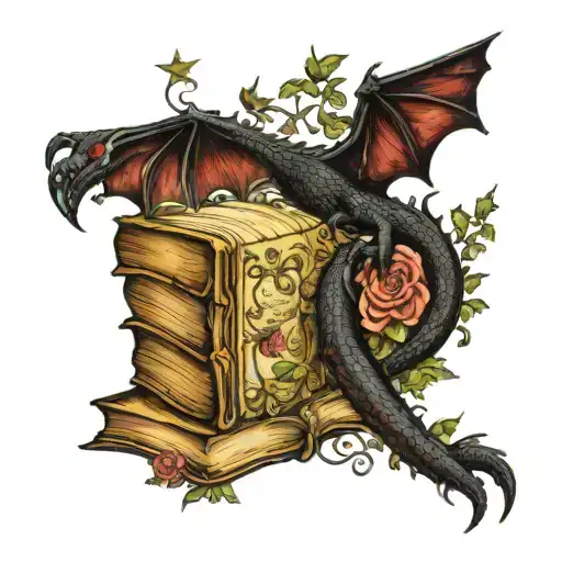 old books winged  black dragon, wind and stars,  word's, light & butterflies, flowers and leafy vines curling outward tattoo design idea